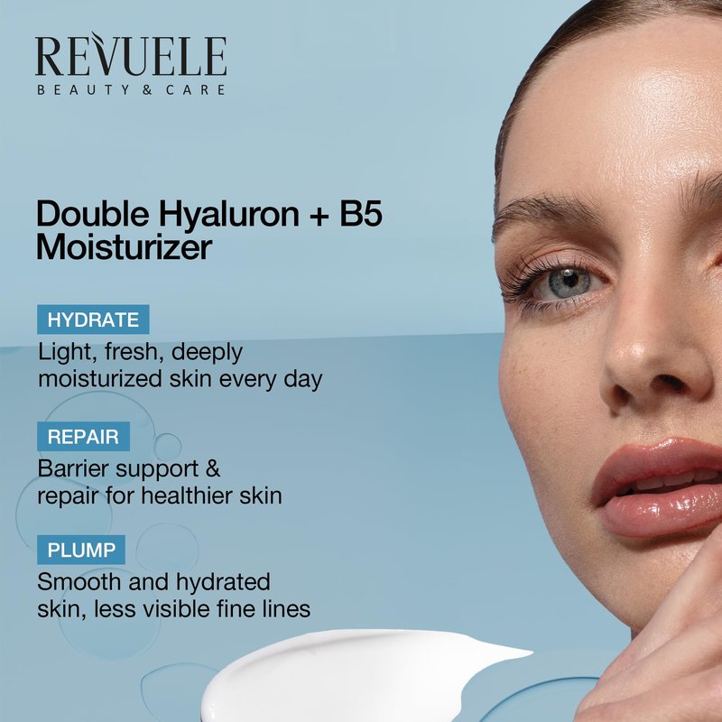 Revuele Double Hyaluron + B5 Facial Moisturizer, Lightweight Hydrating Cream with Dual Hyaluronic Acid & Panthenol, For Soft and Smooth-Looking Skin 1.69 fl.oz
