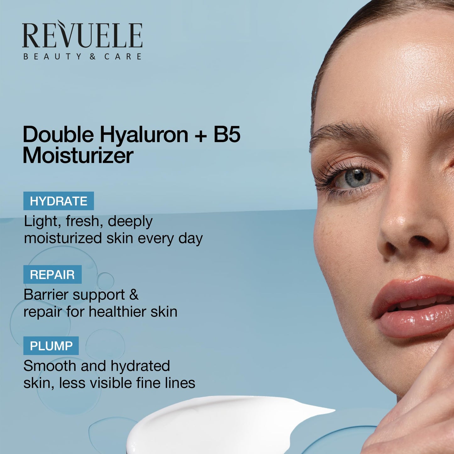 Revuele Double Hyaluron + B5 Facial Moisturizer, Lightweight Hydrating Cream with Dual Hyaluronic Acid & Panthenol, For Soft and Smooth-Looking Skin 1.69 fl.oz