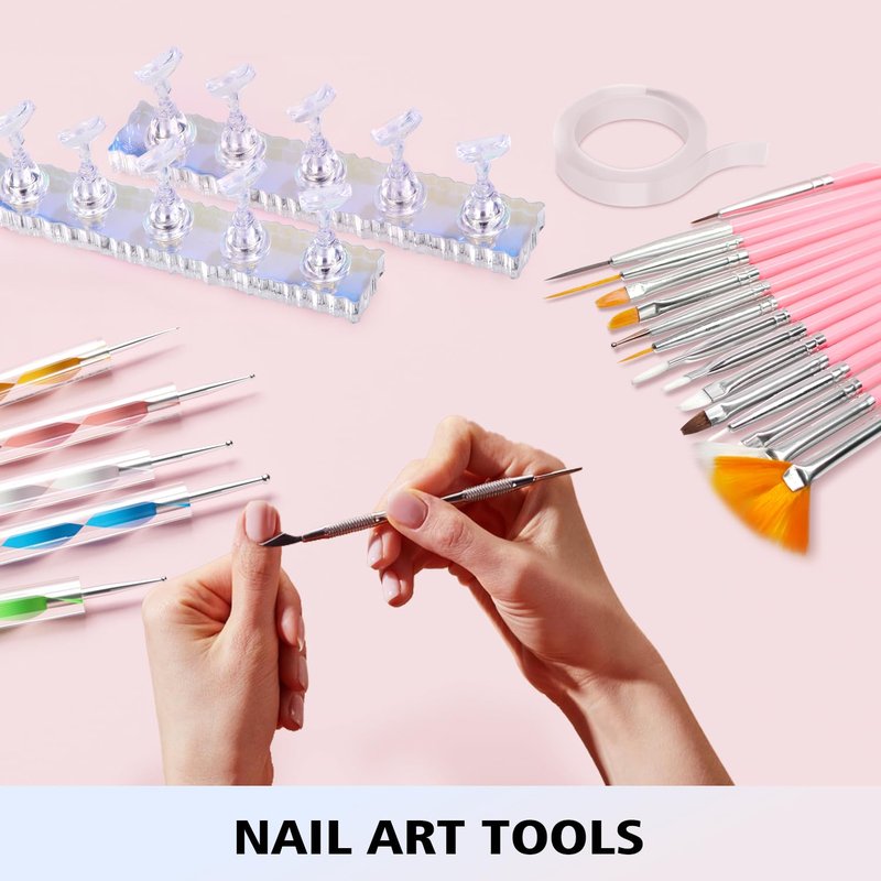 Komall Nail Art Tools, Nail Holder for Painting Nails, 15 PCS Nail Art Brushes, 5 PCS Nail Dotting Tool, Nail Stand for Home DIY & Salon Nail Art Design
