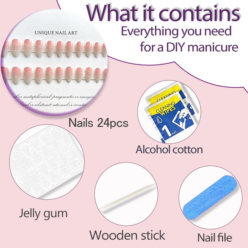 Nude Pink Press On Nails Short Almond White French-Style Gradient Stick On Nails Glossy Reusable Nail 24Pcs Fake Nails Kit Artificial Full Cover Stick on Nail for Women Girls Manicure