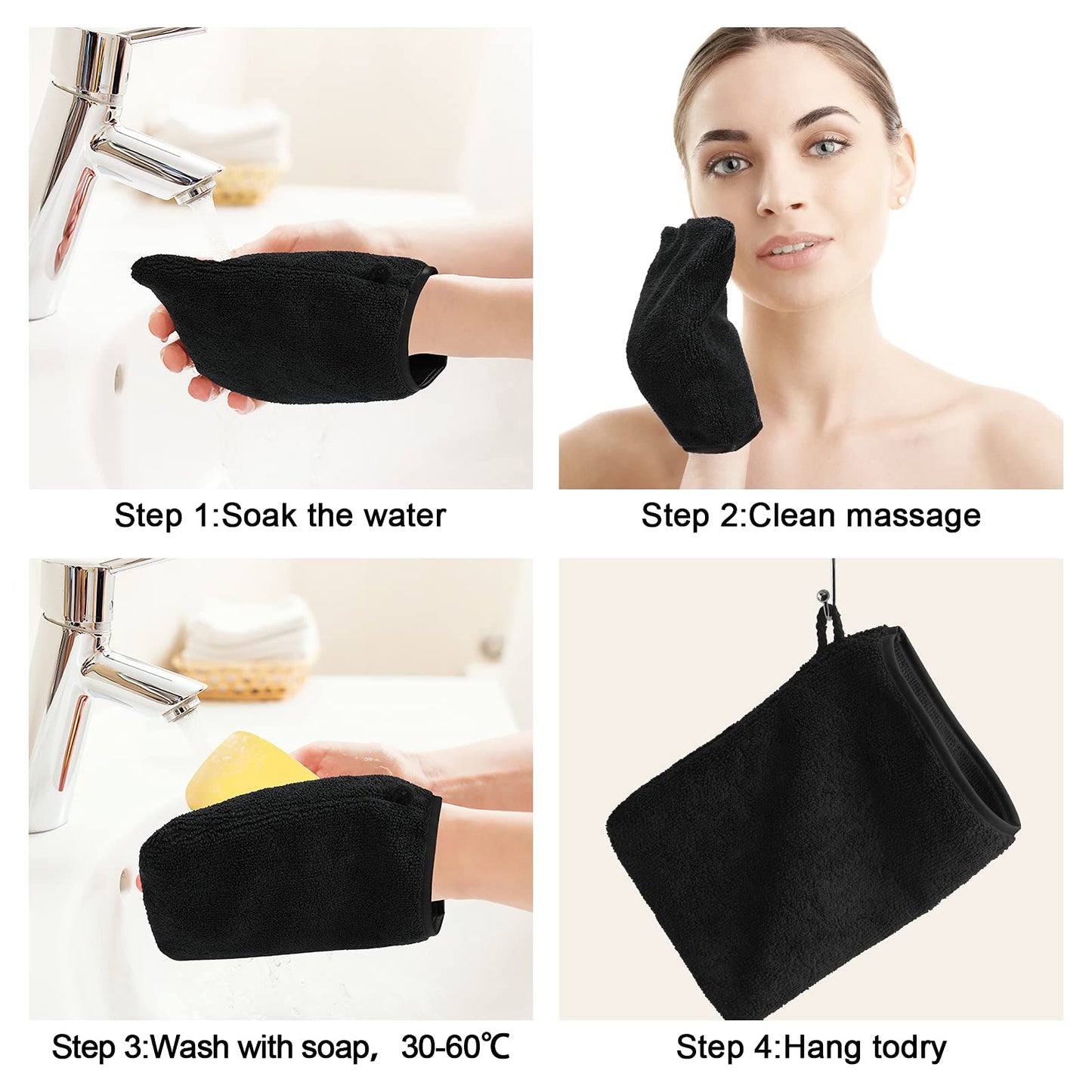 PHOGARY 10 Pack Microfiber Body Wash Mitts, Soft Face Mitten, Bath Spa Cloth, Reusable Makeup Remover Mitt Gloves, European Style Wash Cloth,6×8inch, Black and Grey