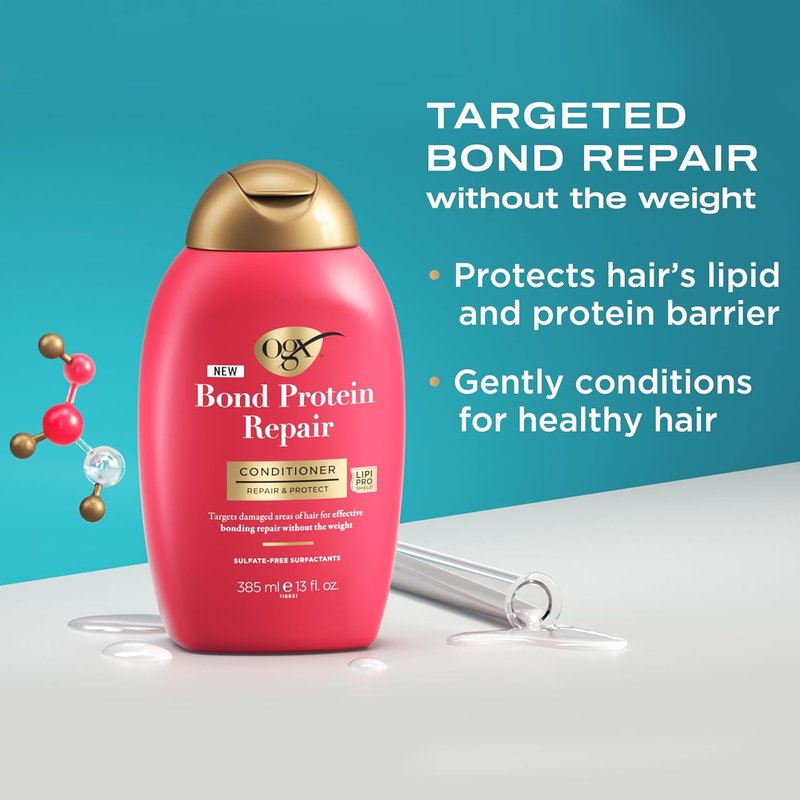 OGX Repair + Protect Bond Protein Shampoo & Conditioner Set - Sulfate-Free Hydration for Damaged Color-Treated Hair | 13 fl oz Each (Pack of 2)