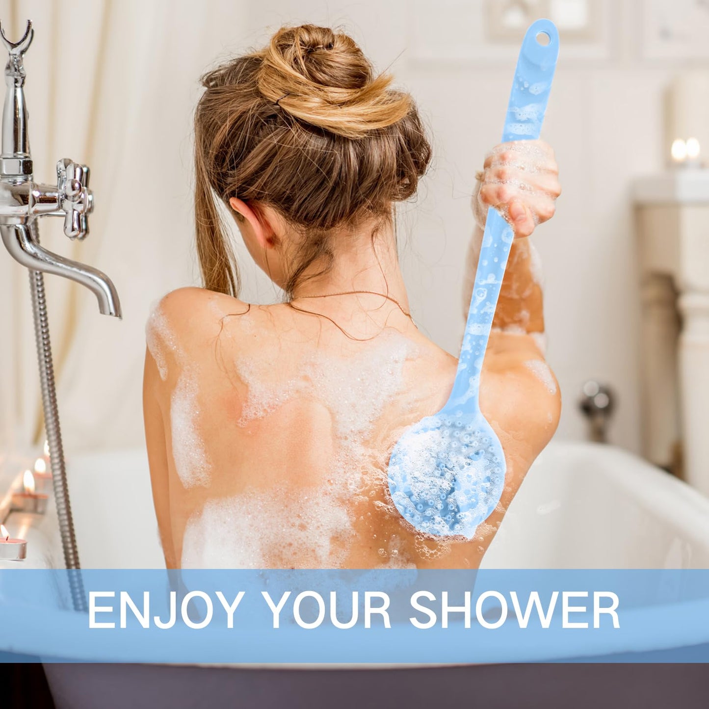 Sunnyray 2 Pack Silicone Back Scrubber for Shower with 15" Long Handle Double-Sided Bath Body Brush for Exfoliating Easy to Clean Quick Dry Deep Cleaning Lathers Well(Nordic Blue)