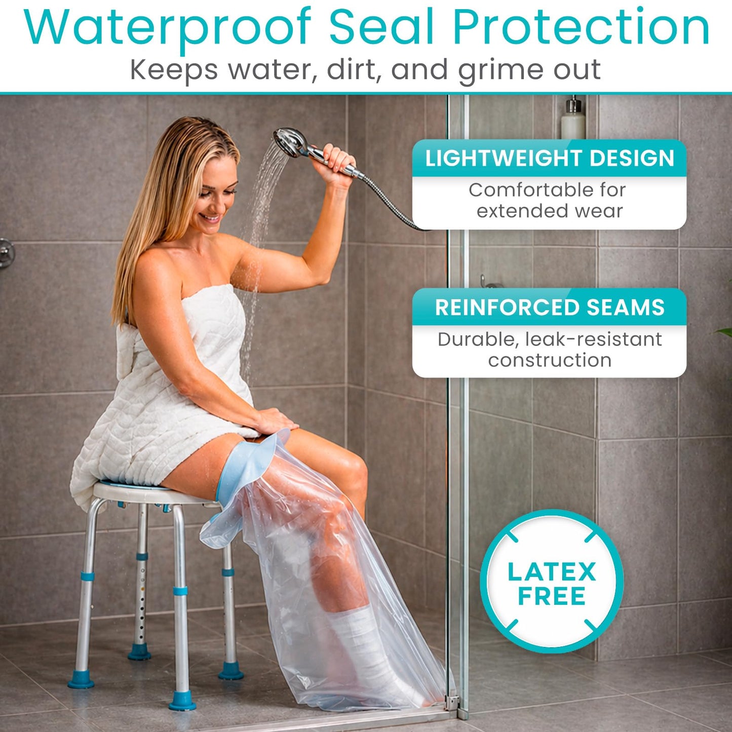 Vive Cast Cover for Shower Leg - Waterproof, Patented Seal - Adult Cover Bag for Showering After Surgery - Also for Broken Foot, Ankle, Knee, Toe, Bandages, Wounds, Baths - Watertight & Submersible