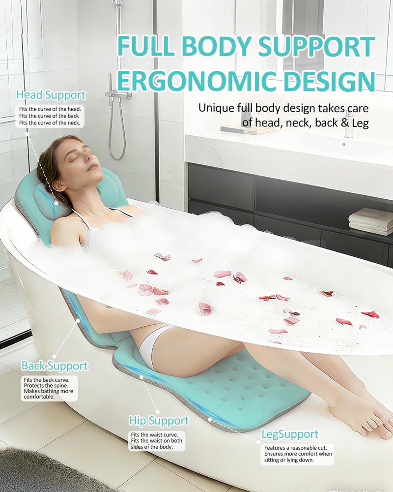 Full Body Bath Pillow for Bathtub, 5D Thick Tub Pillow for Bathtub with 192 Non-Slip Suction Cups, Laundry Bag & Hook, Bathtub Pillow for Head, Neck & Back Support (Green, 51"*15")
