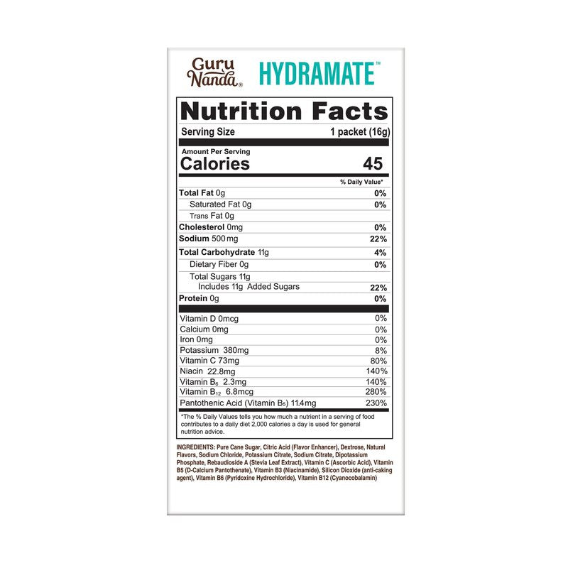 GuruNanda Hydramate Hydration Support Drink Mix - Electrolyte Powder Packets for Dehydration, Exercise & Energy - No Added Sweeteners, Non-GMO, Natural Lemon Lime Flavor - 48 Count (0.56 oz Each)