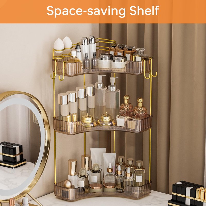 Greenby 3-Tier Corner Bathroom Counter Organizer，Makeup & Skincare Shelf with Built-in Brush Holder，Space-Saving Bathroom Countertop Organizer for Skincare, Perfume, Cosmetics(Amber)