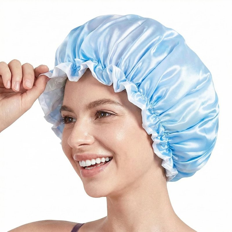 Aquior Shower Caps, Reusable Shower Cap for Women, Double Layer Waterproof Hair Cap, Large Size for All Hair Lengths,for Girls Spa Home Salon Use (Blue Cloud)
