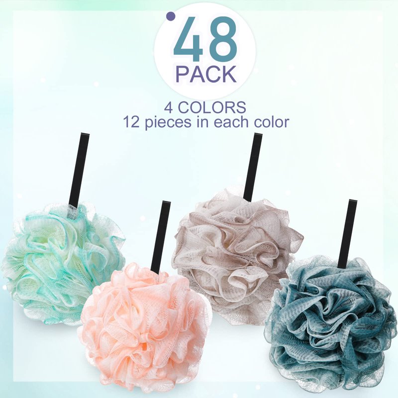 Shellwei 48 Pack Bath Sponge Shower Loofahs Bulk Pack 50g Soft Net Body Scrubber Shower Pouf Sponge Ball Body Mesh Pouf Exfoliating Bath Scrunchies for Men and Women
