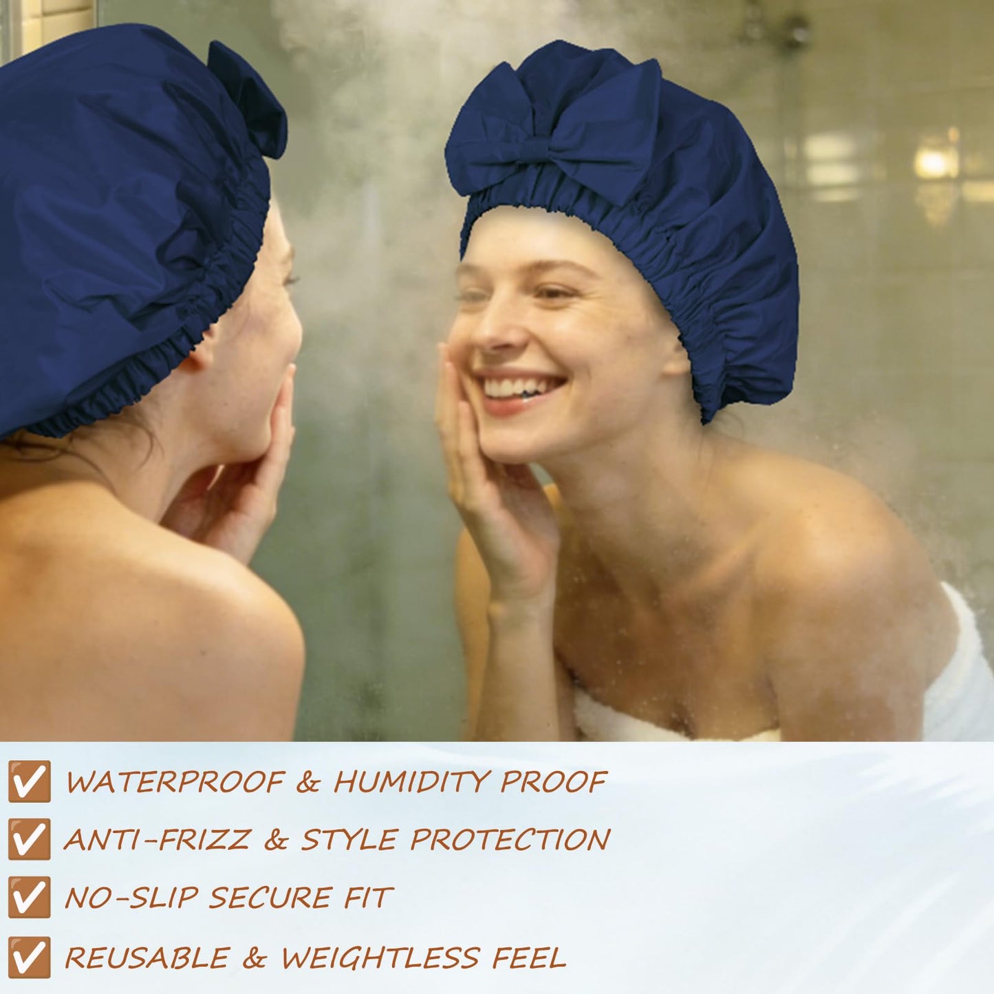 Shower Cap for Women, Cute Bow Waterproof Reusable Bath Cap, Non-Slip Anti Humidity, Roomy Anti-Frizz for Short Medium Wavy Hair, Soft Elastic & Machine Washable, Navy Blue