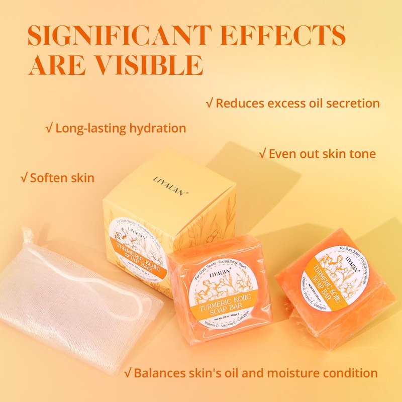 LIYALAN Turmeric Kojic Acid Soap Bar Dark Spot Remover for Face Body, Smooth Skin, Deep Cleansing, Natural Vegan Handmade Soap with Sensitive Skin Formula 2.12 oz x 2 Bars