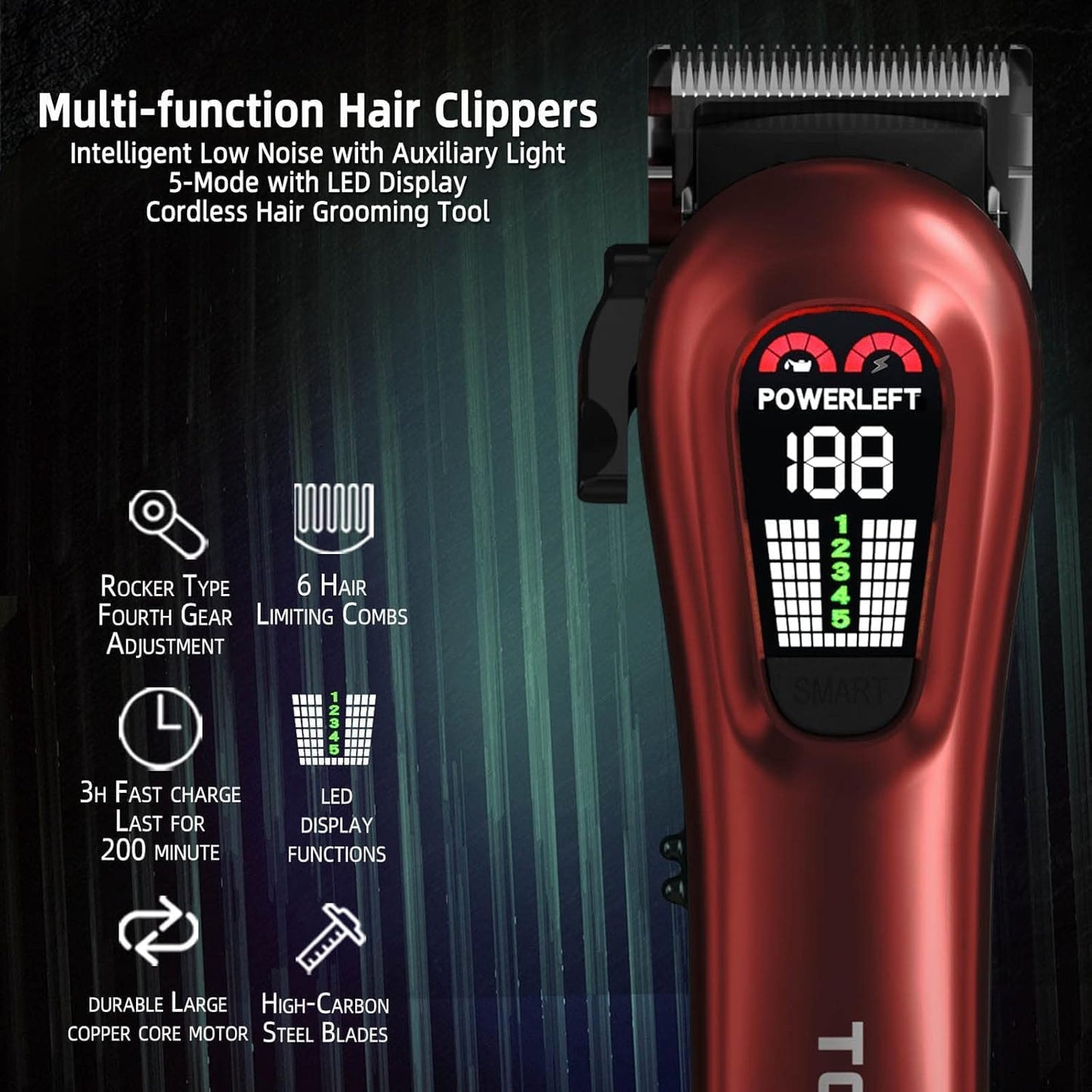 TCMKY Hair Clippers - Professional Cordless & Corded Barber Clippers for Hair Cutting | Rechargeable Grooming Kit (Red)