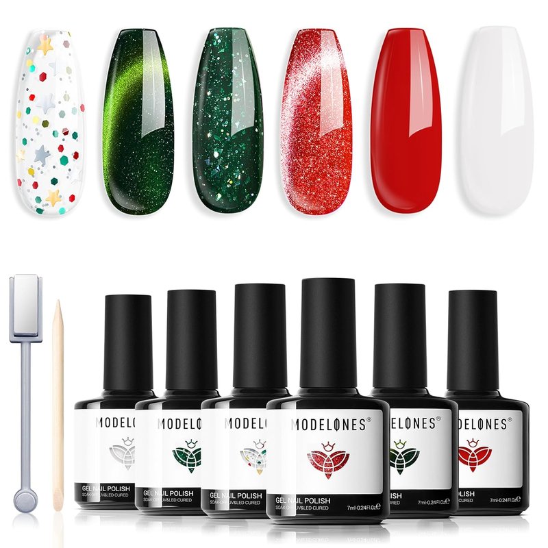 Modelones Gel Nail Polish Set - 6 Colors with 9D Cat Eye Effect & Glitter | DIY Nail Art Kit