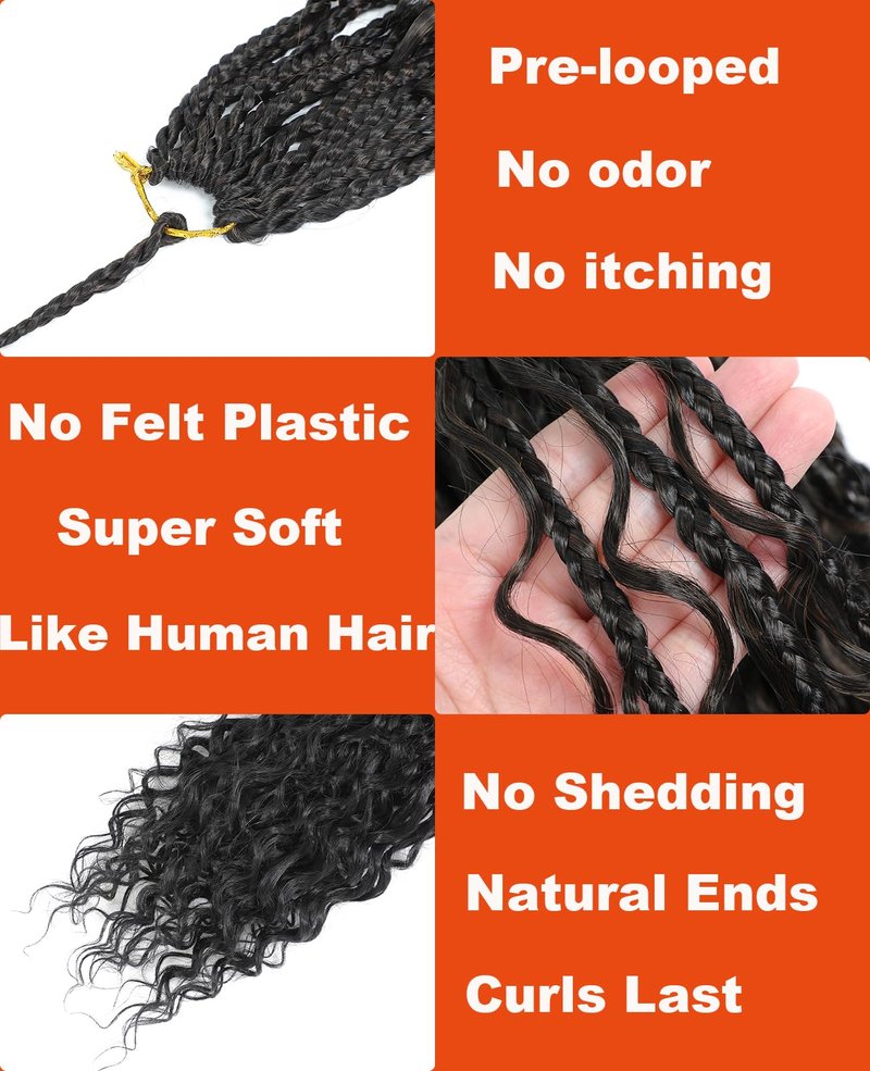 Pintress Goddess Box Braids Crochet Hair 18 Inch 8 Packs Boho Crochet Braids with Curly Ends Pre-looped Synthetic Hair Extensions 3X Crochet Braids Hair for Women (18inch,1B#)