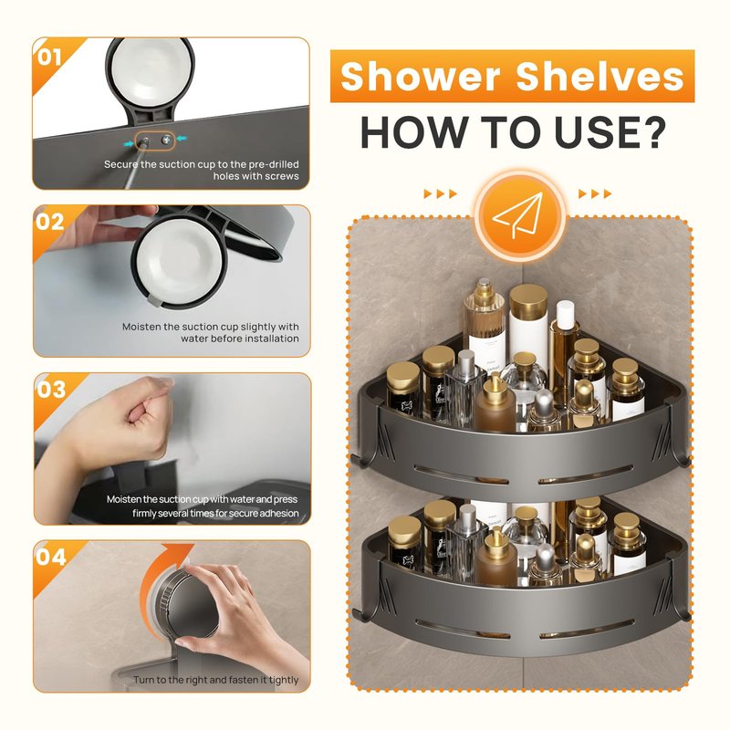 PHX Grove Corner Shower Caddy 2-Pack, Suction Cup Shower Organizer with Hooks, No Drilling Rustproof Aluminum Floating Wall Shelf, Gun Grey, Triangular (Triangular)
