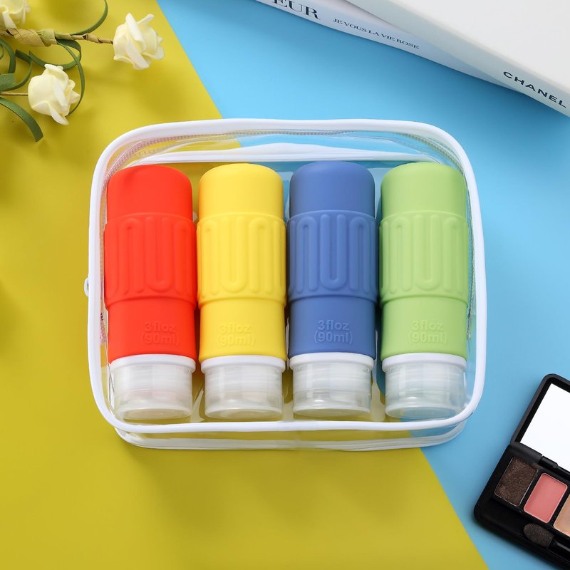 Mrsdry Travel Bottles for Toiletries, BPA Free Leak Proof Reusable Silicone Bottles, TSA Approved 3oz Travel Size Container, TravelAccessories for Shampoo Soap Liquids with Toiletry Bag (4 Pack)