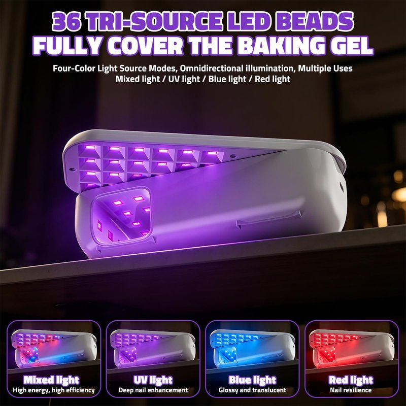 Aisuoker Compact Cordless UV Nail Lamp, Portable Nail Dryer for Gel Polish with 36 Beads, Rotatable Panel & UV Protection Design, Rechargeable LED Nail Light with 4 Modes ＆ Timer for Salon and Home