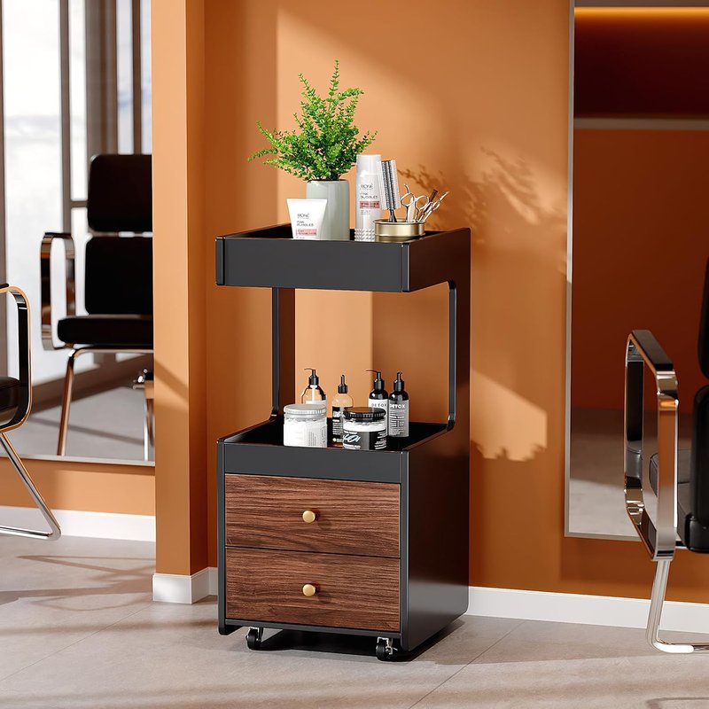 OmySalon Salon Trolley Cart - Mobile Esthetician Storage with Wheels | 2 Drawers, Open Shelf, Black Walnut