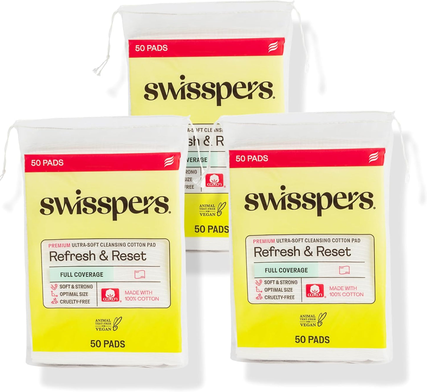 Swisspers Facial Cleansing Cotton Pads | Ultra-Soft Natural Fiber, 50 Count, 3 Pack - Cruelty-Free Skincare Essentials