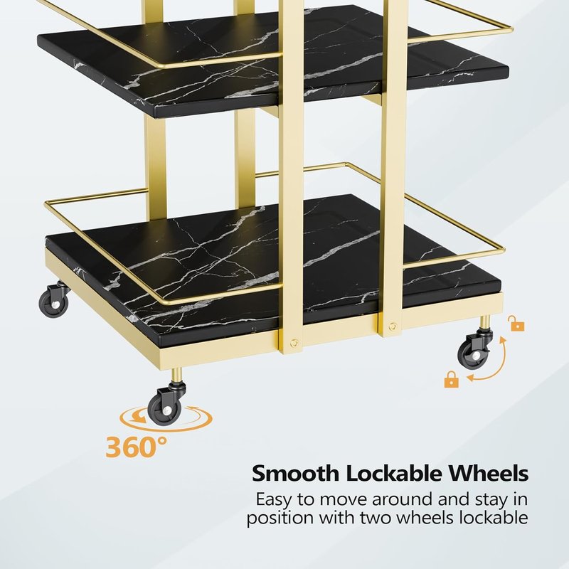 Esthetician Cart with Wheels Utility Salon Rolling Trolley, Black Gold Mobile Storage Organizer for Beauty Spa Cosmetology Massage, Tattoo Manicure Facial Tool Holder Station