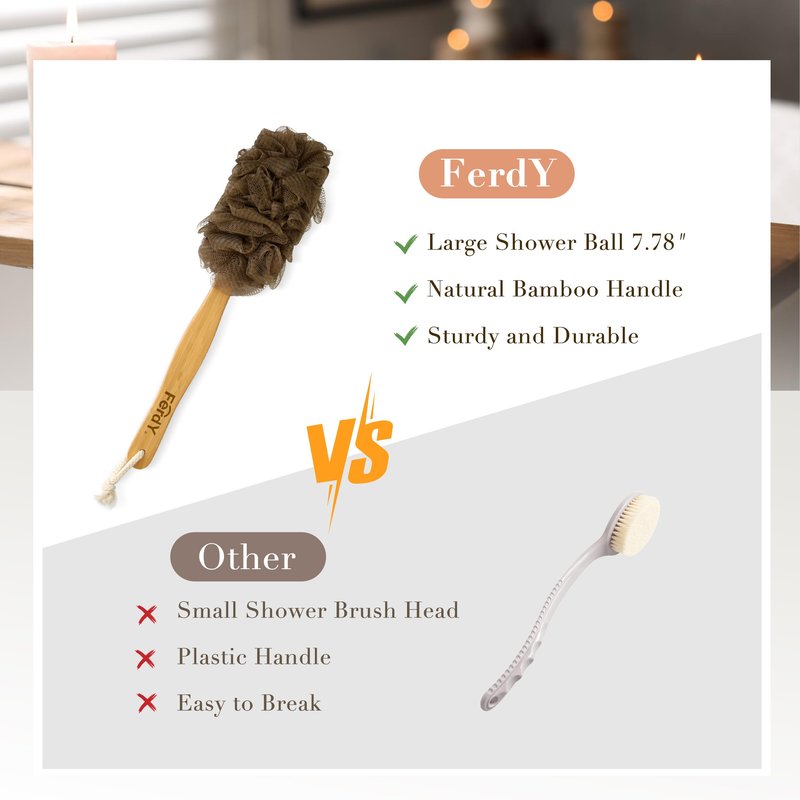 FerdY Back Scrubber for Shower,Long Handled Loofah on a Stick, Soft PE Mesh Back Sponge for Bath, Body Brush for Men Women, Exfoliating Scrub Cleaning Luffa