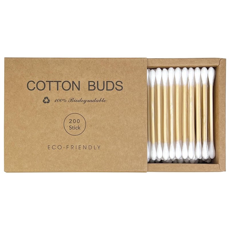 Bamboo Cotton Swabs - Biodegradable Organic Cotton Buds with Wooden Sticks | 200 Count for Makeup & Ear Cleaning