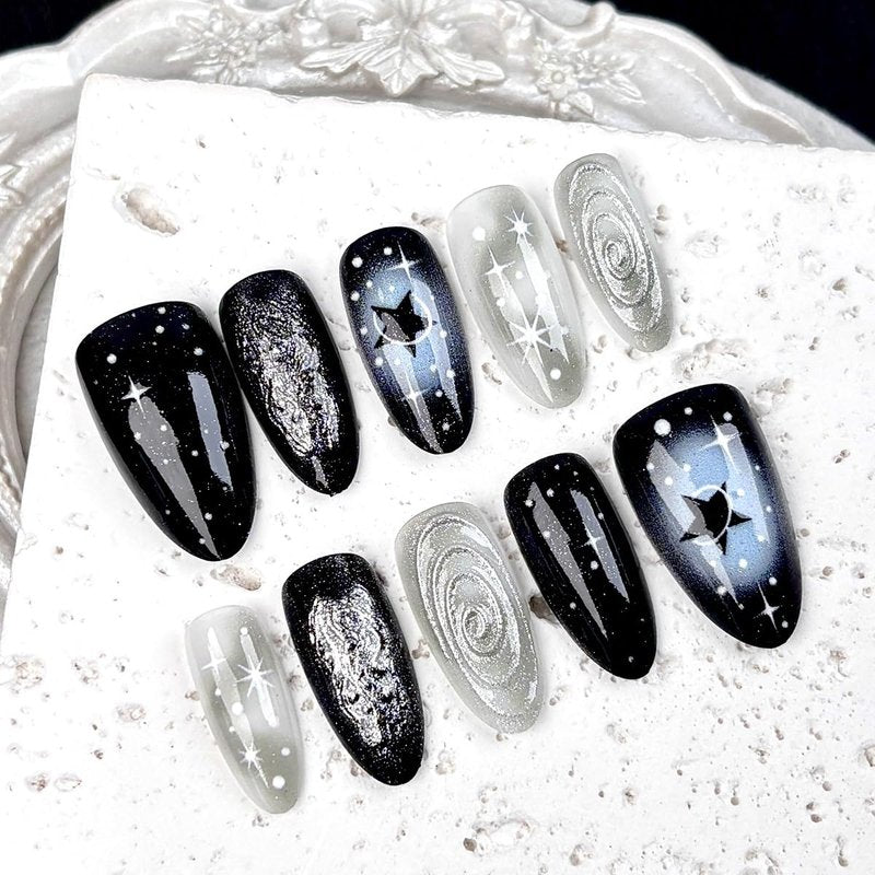 30Pcs Black Press-On Nails - Medium Almond 3D Silver Metal Swirl & Glitter Design | Reusable Glossy False Nails for Parties & Daily Wear