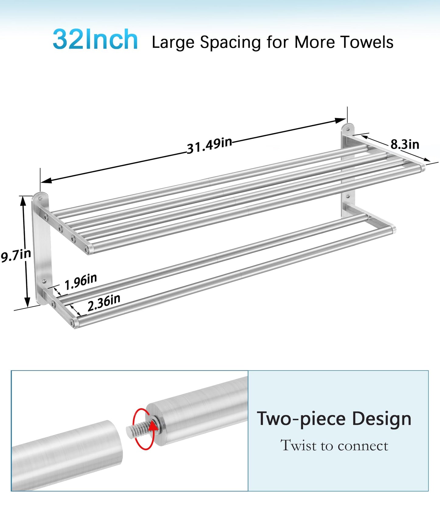 VOTZAAQ 32 in Towel Racks for Bathroom, Bath Towel Shelf with Double Towel Bar, Stainless Steel Towel Storage for Lavatory Wall Mounted, 2-Tier Towel Hanger Towel Holder, Brushed Nickel