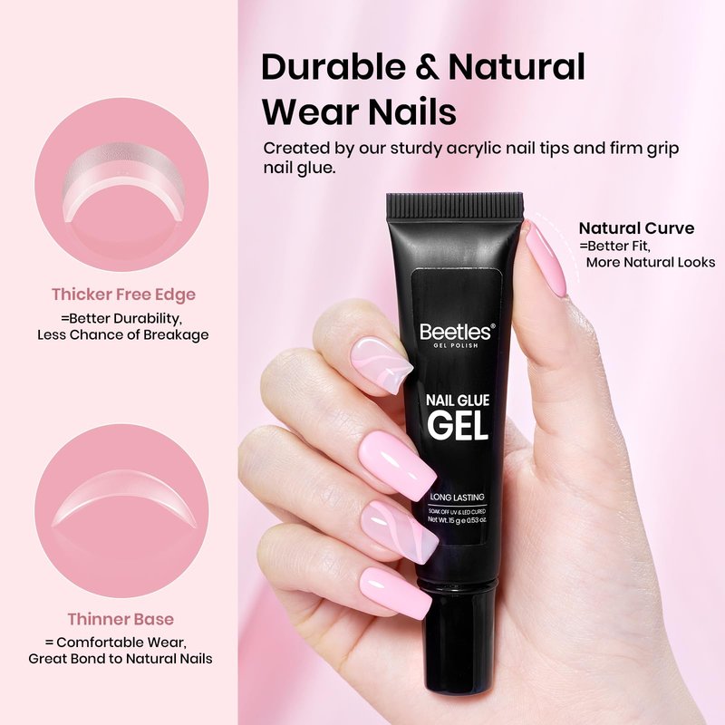 Beetles Gel Nail Kit Short Square with Nail Dehydrator and Primer, 576Pcs Half Matte Etch-X Gel Tips Solid Glue Mini Lamp Acrylic Tips Easy DIY Extension Set Gift for Women