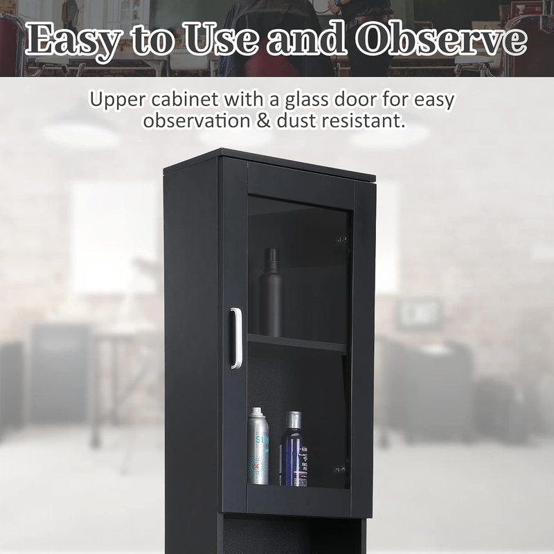 Hair Styling Organizer Station - Professional Salon Equipment with Glass Door | 6 Tool Holders & 2 Storage Cabinets - Black