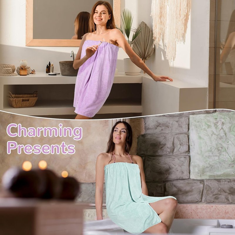 Cuffbow 3 Pcs Towel Wrap for Women Spa Body Robe Full Length Female Bath Shower with Adjustable Closure Elastic Top Plush
