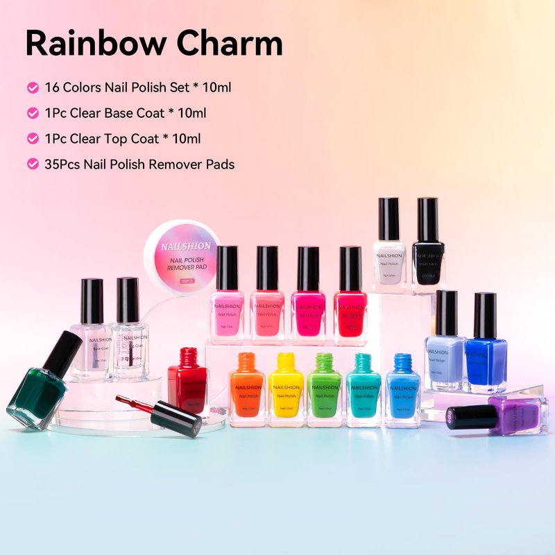 Nailshion Nail Polish 10ml 16 Colors Rainbow Air Dry Regular Nail Polish Set with Base Top Coat & Remover Pads| White Red Classic French Fingernail Polishes Non-gel Bulk Gift for Nail Art Lovers