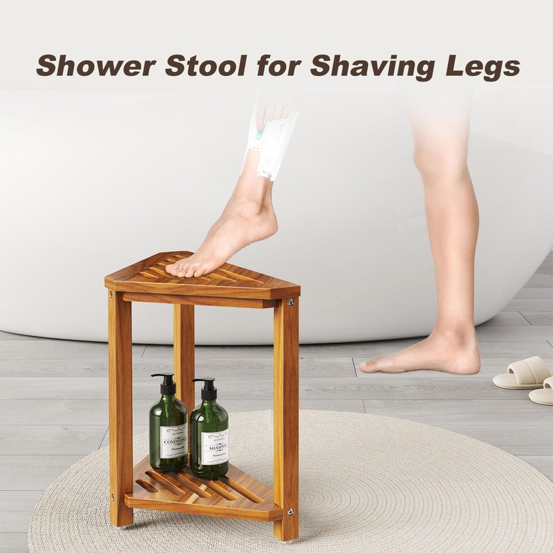 Kzeirm Corner Shower Stool for Inside Shower, 14" Shower Foot Rest Stool for Shaving Legs, Acacia Wood Corner Shower Shaving Step Stools, Waterproof Leg Shaver Foot Rest Bench Seat