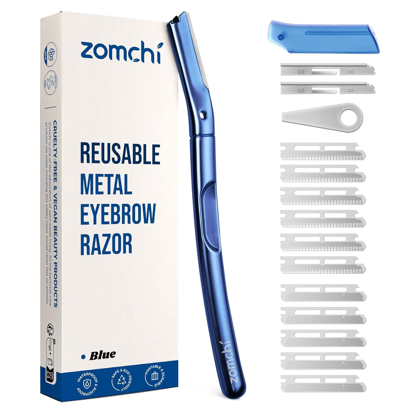ZOMCHI Dermaplane Razor Set - Reusable Eyebrow Trimmer with 11 Blades & Protective Cap | Matte Blue