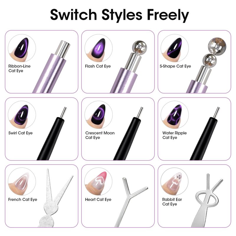 Gellen Cat Eye Magnet for Nails, Strong Magnetic Nail Magnet Set with Double Ended Magnet Pen, 8mm 10mm Ball Magnets, French Tip Cat Eye Guide Plate, Bunny & Heart Design Plates for Gel Nail Polish