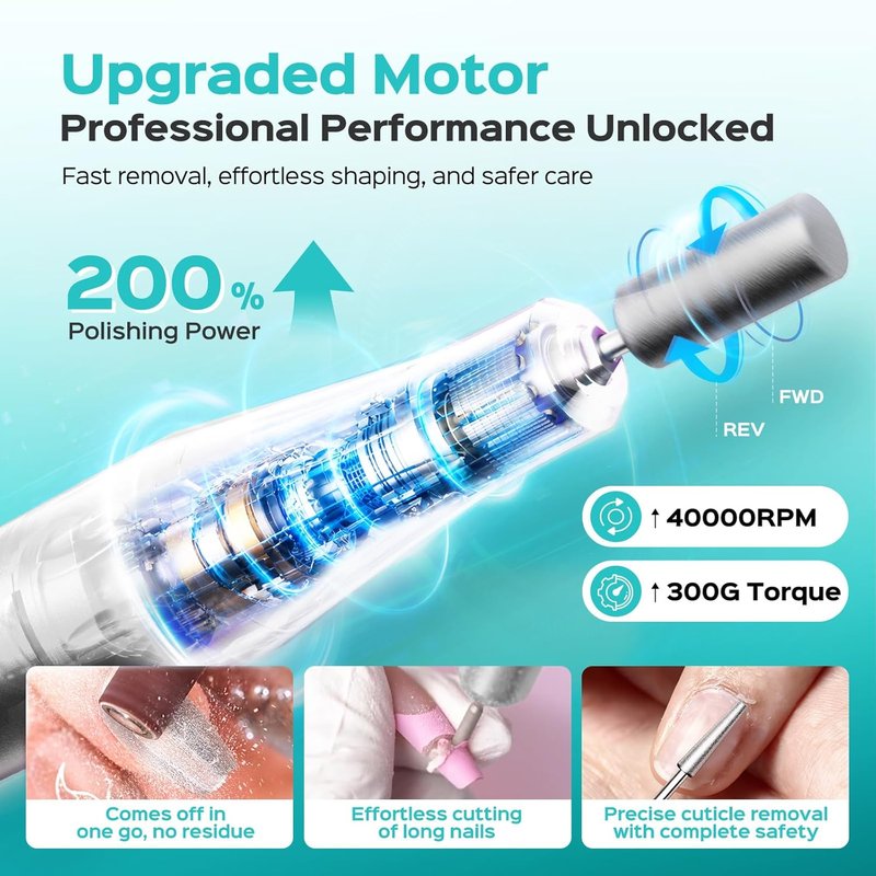Electric Nail Drill - Rechargeable 40000RPM E-File for Manicure & Gel Removal | Professional Nail Art Tool, White