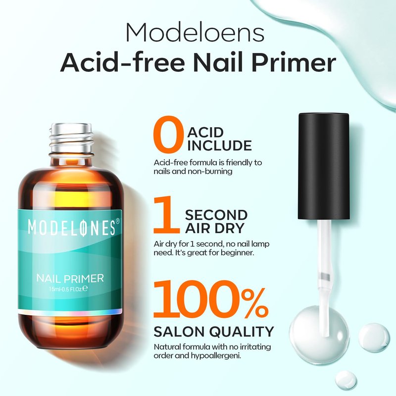 modelones Nail Primer Top Coat, 15 ml Acid Free No Lift Bond Primer, Hema-Free Bonder for Gel Polish Nail Supplies Set