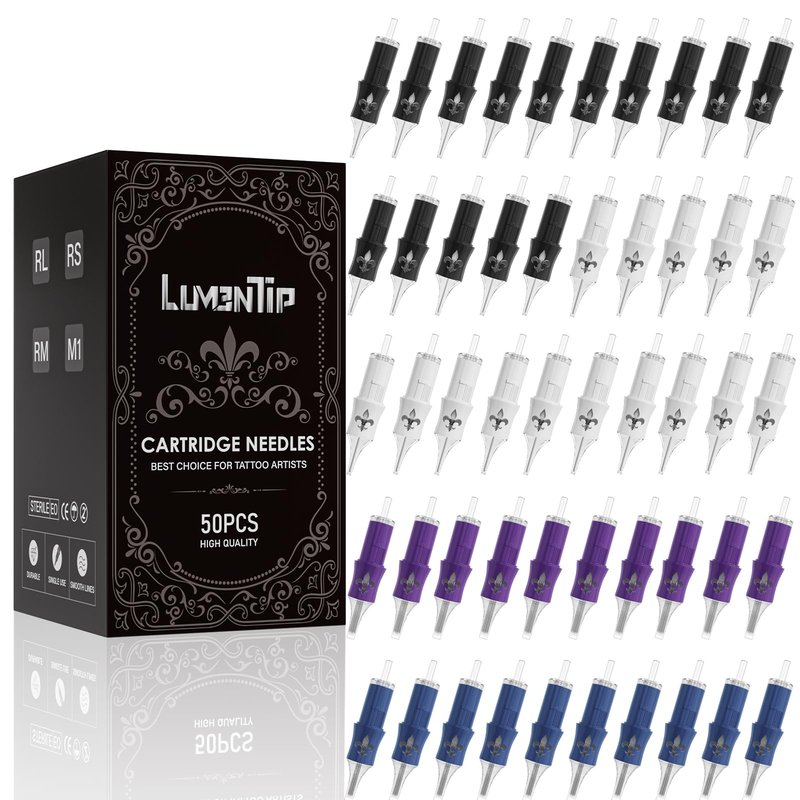 LumenTip 50PCS Tattoo Needles, Tattoo Cartridge Needles Mixed Sizes - #12 Standard RL/RS/RM/M1 Disposable Tattoo Needle Cartridges with Membrane for Tattoo Gun Round Liner Shader Magnum