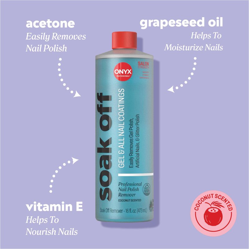 Onyx Professional Coconut Scented Nail Polish Remover with Nail File, 16 oz, Maximum Strength Soak Off Gel Polish Remover, Vitamin E & Grape Seed Oil Enriched Nourishing Formula