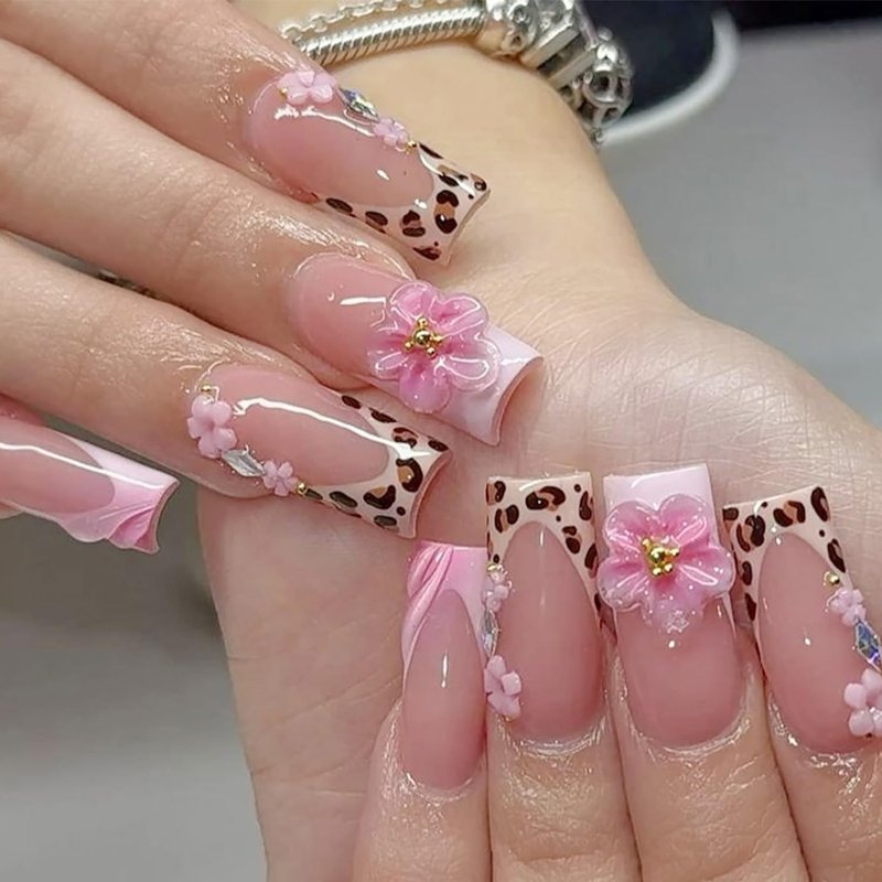 French Tip Press-On Nails - 24 Pcs Long Square Floral Design with 3D Rhinestones | Spring Summer Coffin Tips