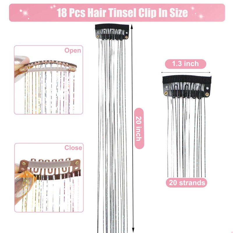 Skiennix Hair Tinsel Extensions - 20 Inch Glitter Clip-Ins | Pack of 18 for Kids & Women (Black)