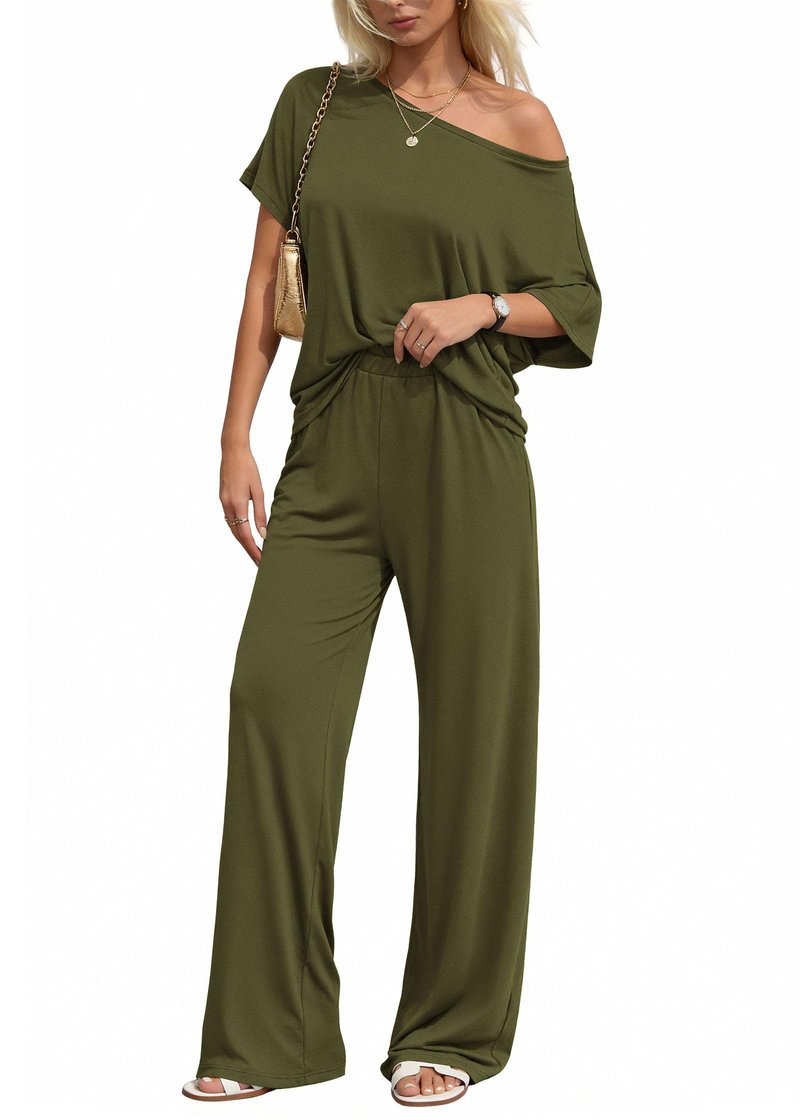 KIRUNDO Lounge Sets for Women Airport Travel Outfit 2026 Summer Off the Shoulder Tops Wide Leg Pants 2 Piece Matching Set