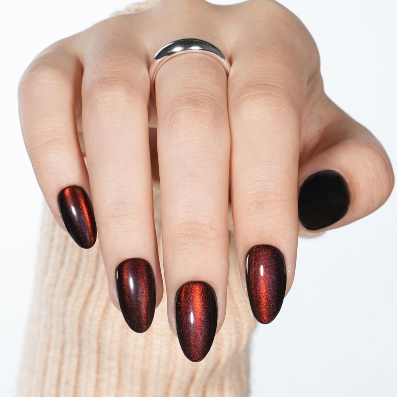Red Cat Eye Press On Nails Almond - Short Almond Fake Nails with Nail Glue, Brown Red Cateye Press On Nails Reusable Stick On Nails in 16 Sizes 32 Nail Kit for Women & Girls | Salon Quality
