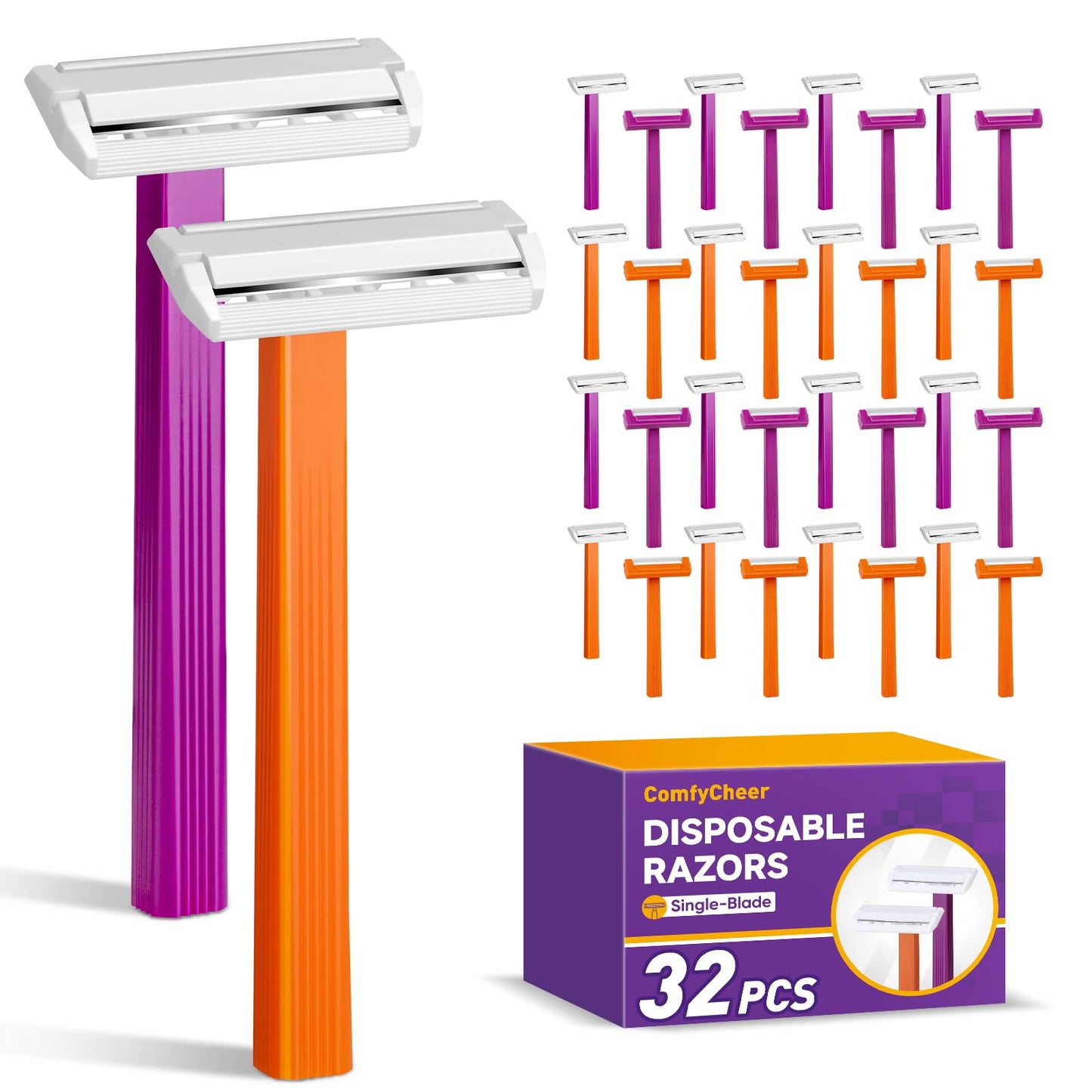 Comfycheer 32 count Disposable Razors for Men，Single Blade Razors，Bulk Stainless Steel Shavers with Protective Head for Shaving Sensitive Skin