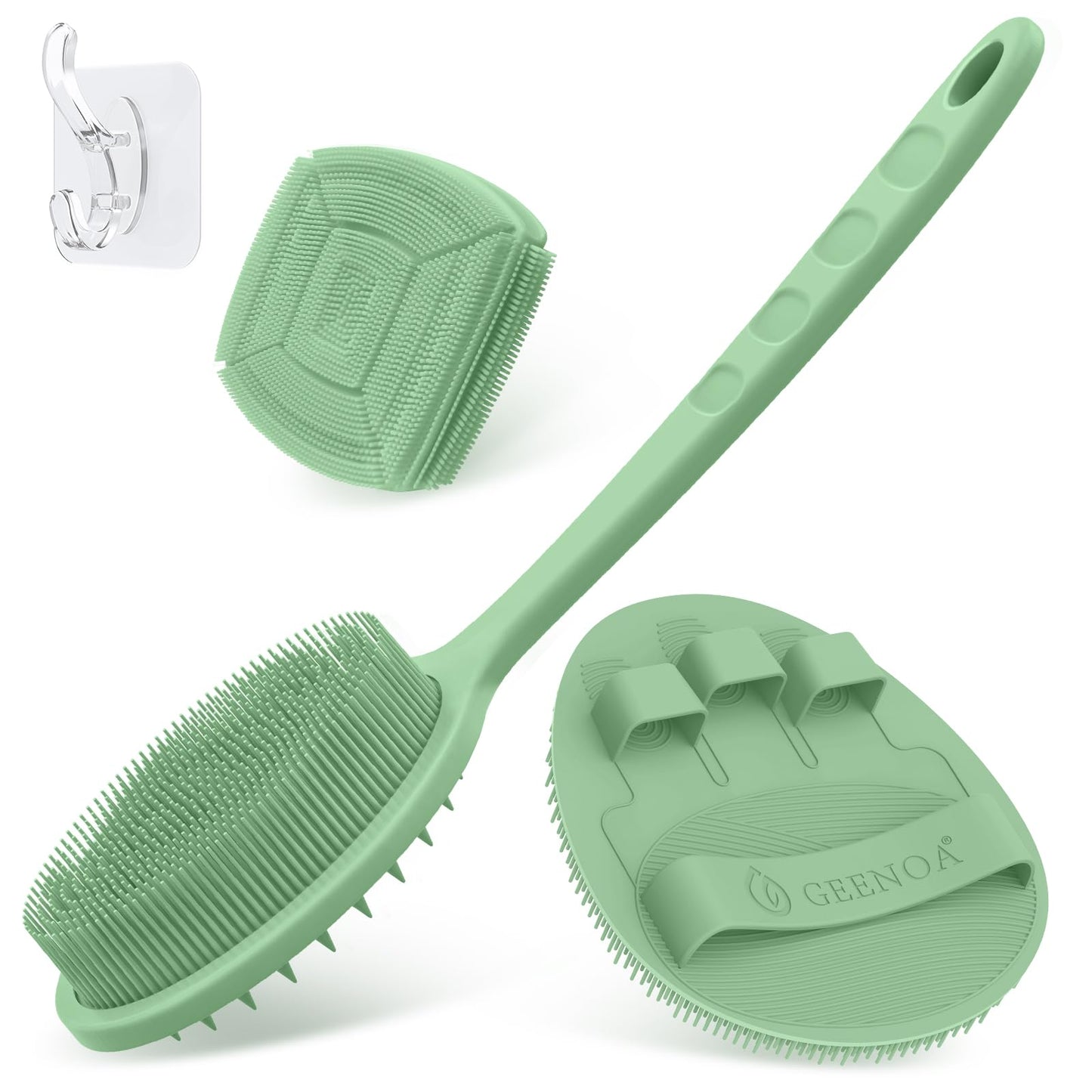 GEENOA Silicone Back & Face Scrubber & Bath Glove Set 3PCS, 13.4'' Gentle Back Scrubber with Dual-Side Head, 360° Anti-Slip Bath Glove, Unique Side-bristled Face Scrubber for All-round Cleaning(Green)