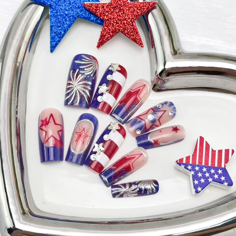 Skiennix 24Pcs 4th of July Press-On Nails - Medium Square French Tip with Glitter Fireworks Design