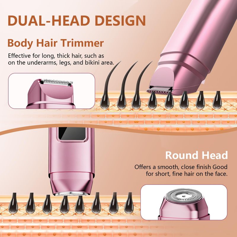 Dynooper Electric Bikini Trimmer for Women: IPX7 Waterproof Dual Head Cordless Electric Shaver for Women with LED Display & 0.5mm Ceramic Blades for Pubic Hair, Face - Rose Pink