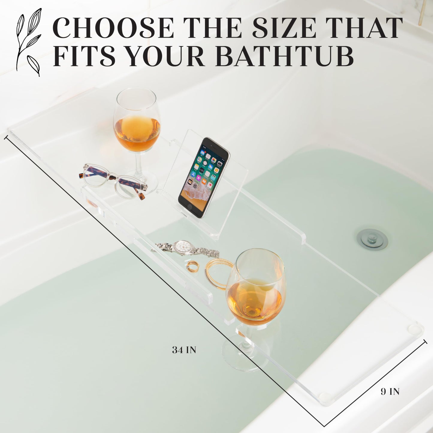 Rebecca Luxurious Bath 34" Supreme Plus- Luxury Bathtub Tray Caddy- 3/8" Thick, Clear Bath Tub Tray Table for 1 or 2 Bathers, Acrylic Bathtub Caddy, iPad and 2 Wine Glass Holders (Supreme Plus, 34")
