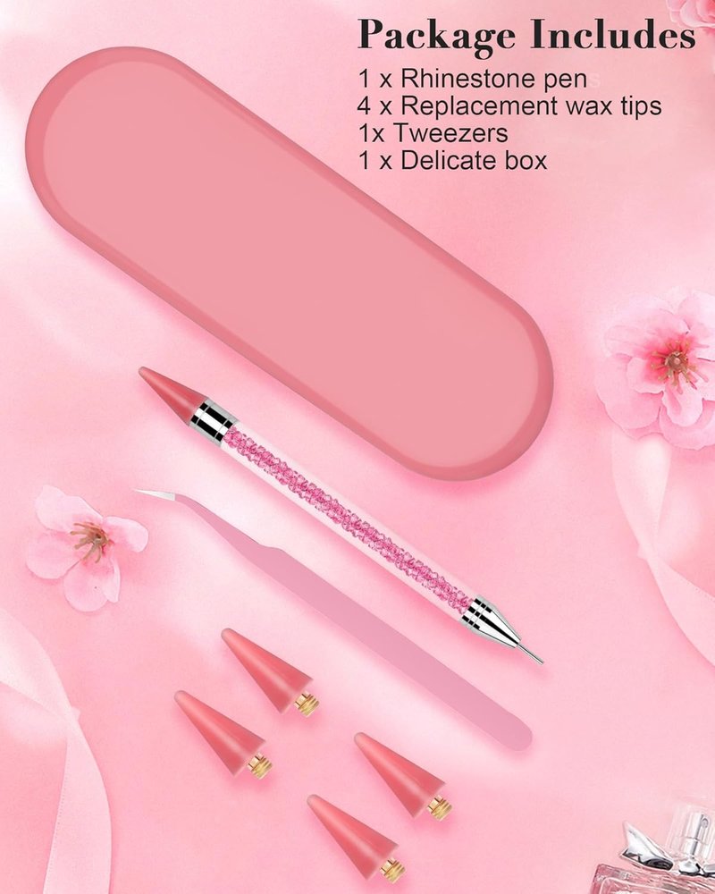 Rhinestone Picker Tool - Dual-Ended Applicator with 4 Replaceable Wax Tips & Tweezers | Pink Nail Art Accessory