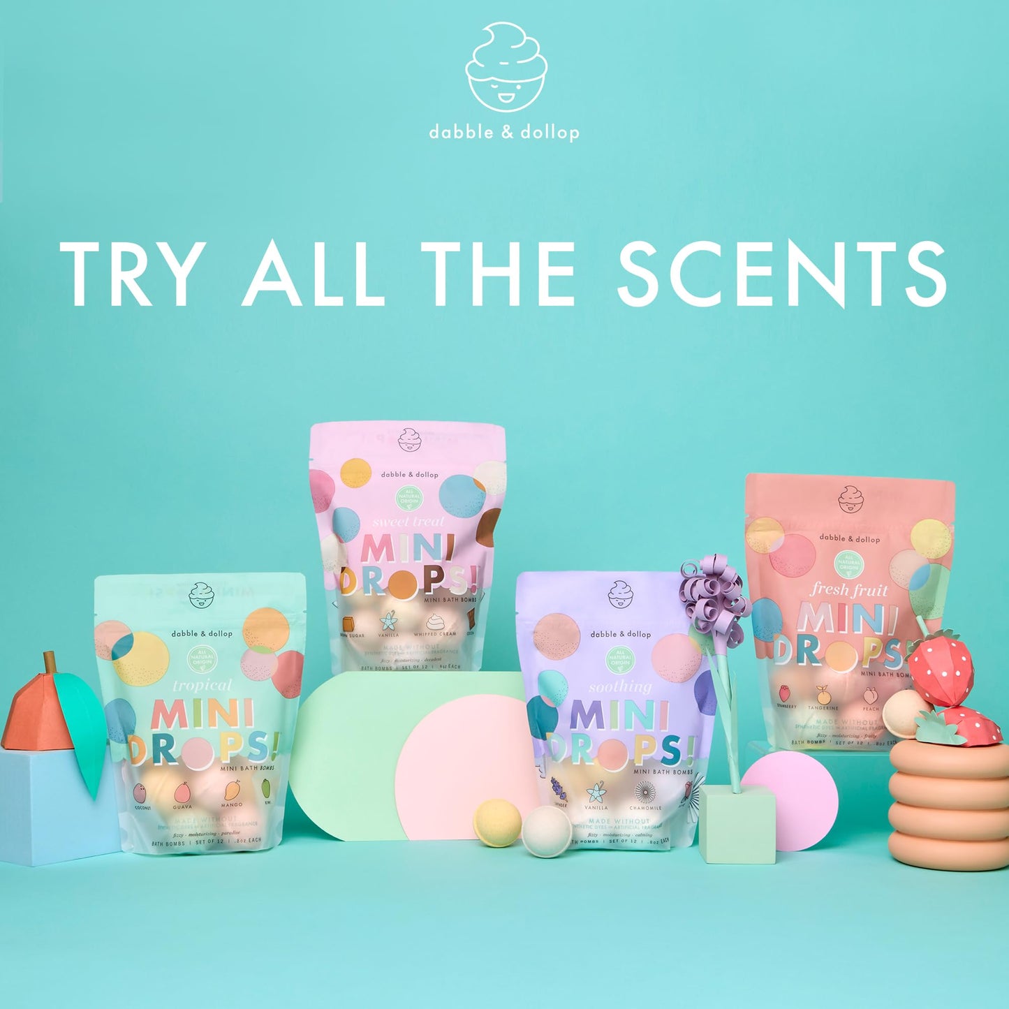 Dabble & Dollop Mini Bath Bombs, Fresh Fruit Scents - Natural Origin, Mixable Scents, Clean Ingredients, No Synthetic Dyes, Toddler & Kids Bath Bombs in Resealable Pouches (Set of 24)